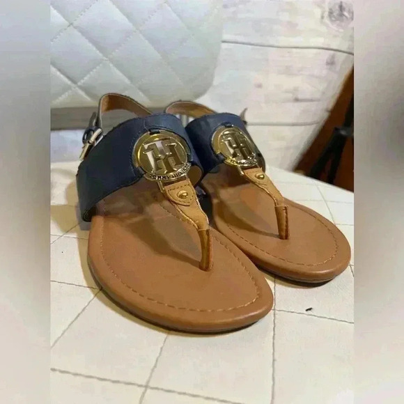 Tommy Hilfiger Leather Gold Logo Navy  Nautical Wedge Heel  Sandal - Picture 3 of 8